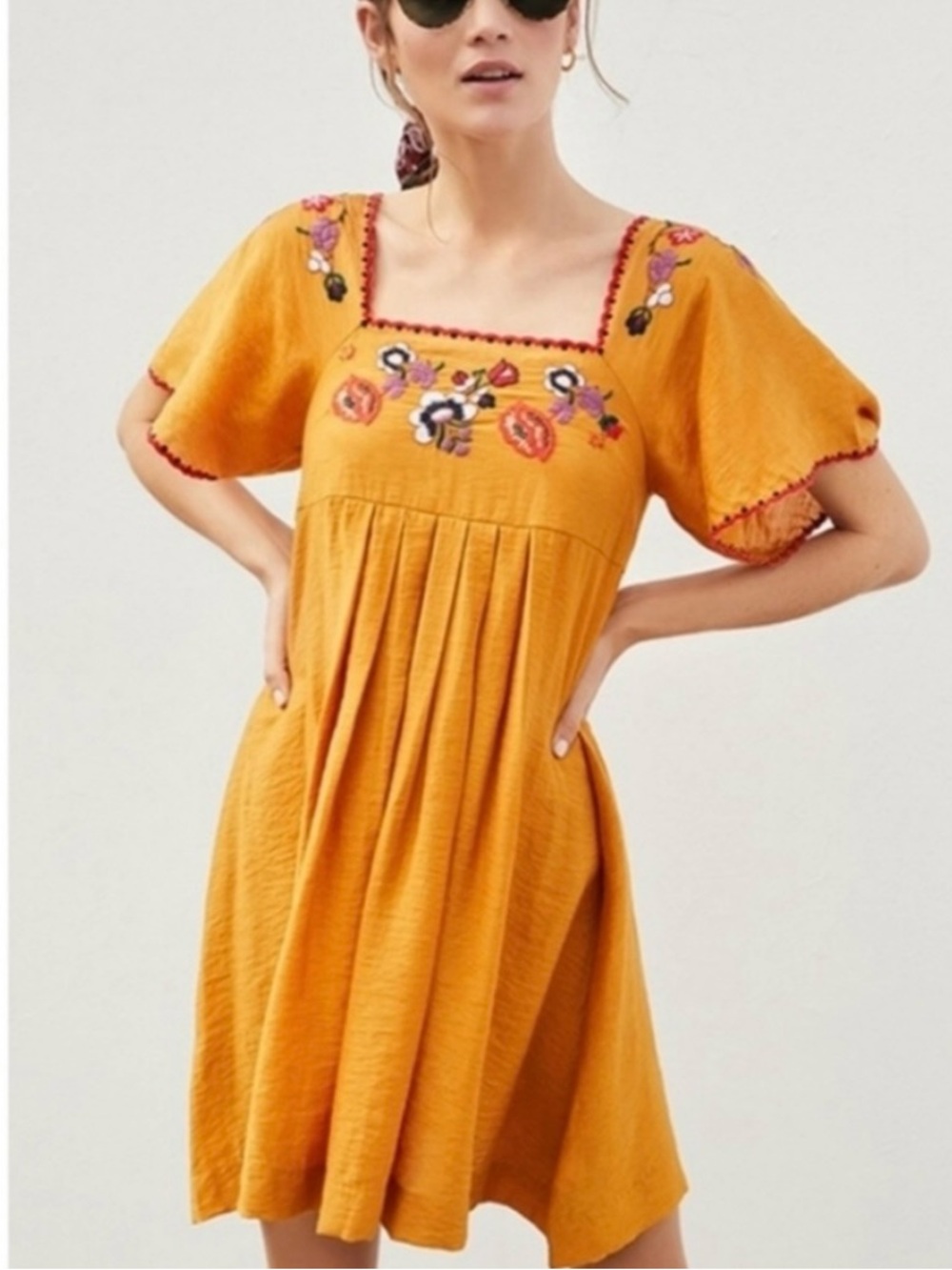 Madewell Mustard Embroidered Square-Neck Mini Dress